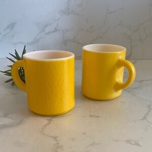 Set of Two Vintage Hazel Atlas Milk Glass Cups Yellow Mugs Drinking Kitchen Home